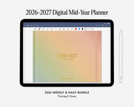 Digital planner for 2026-2027 with a tablet displaying the planner cover on a white background.