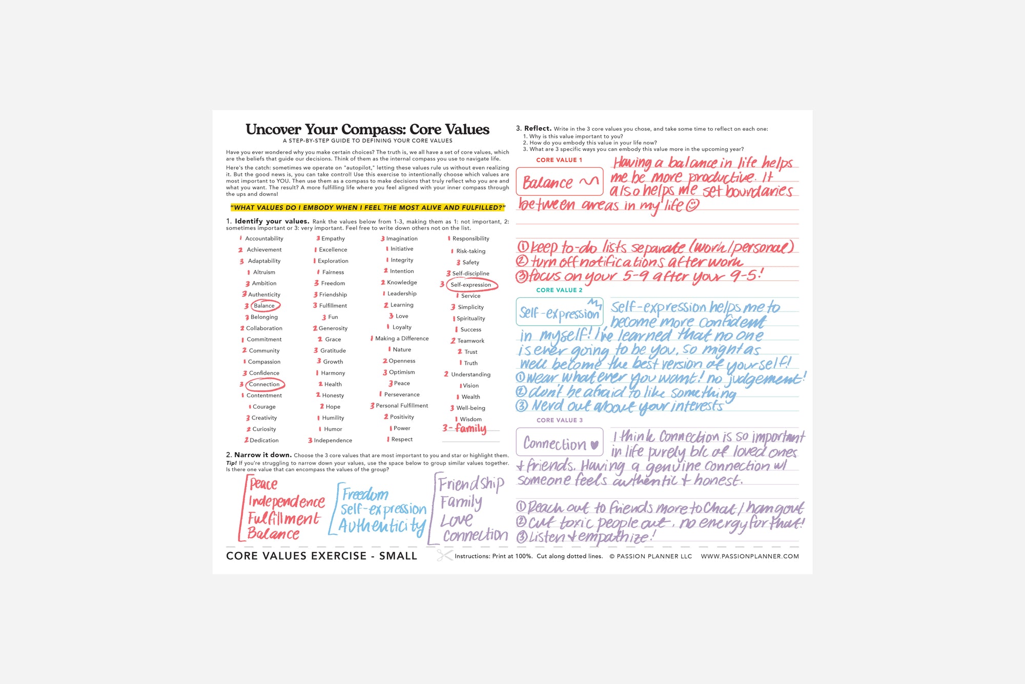 core values worksheet close up