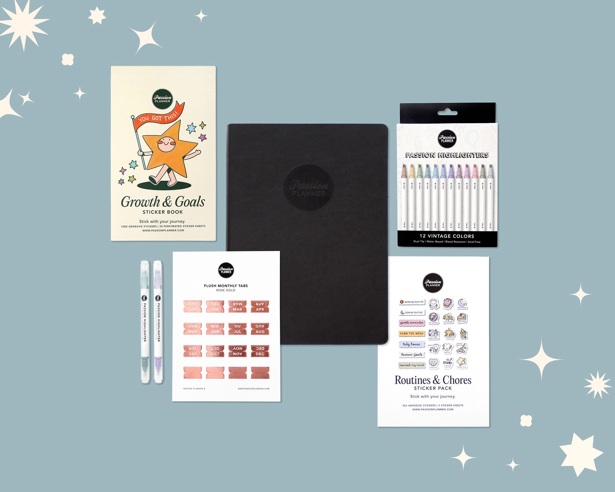 Collection of stationery items including a sticker book, a weekly planner, and highlighters on a blue background with stars.