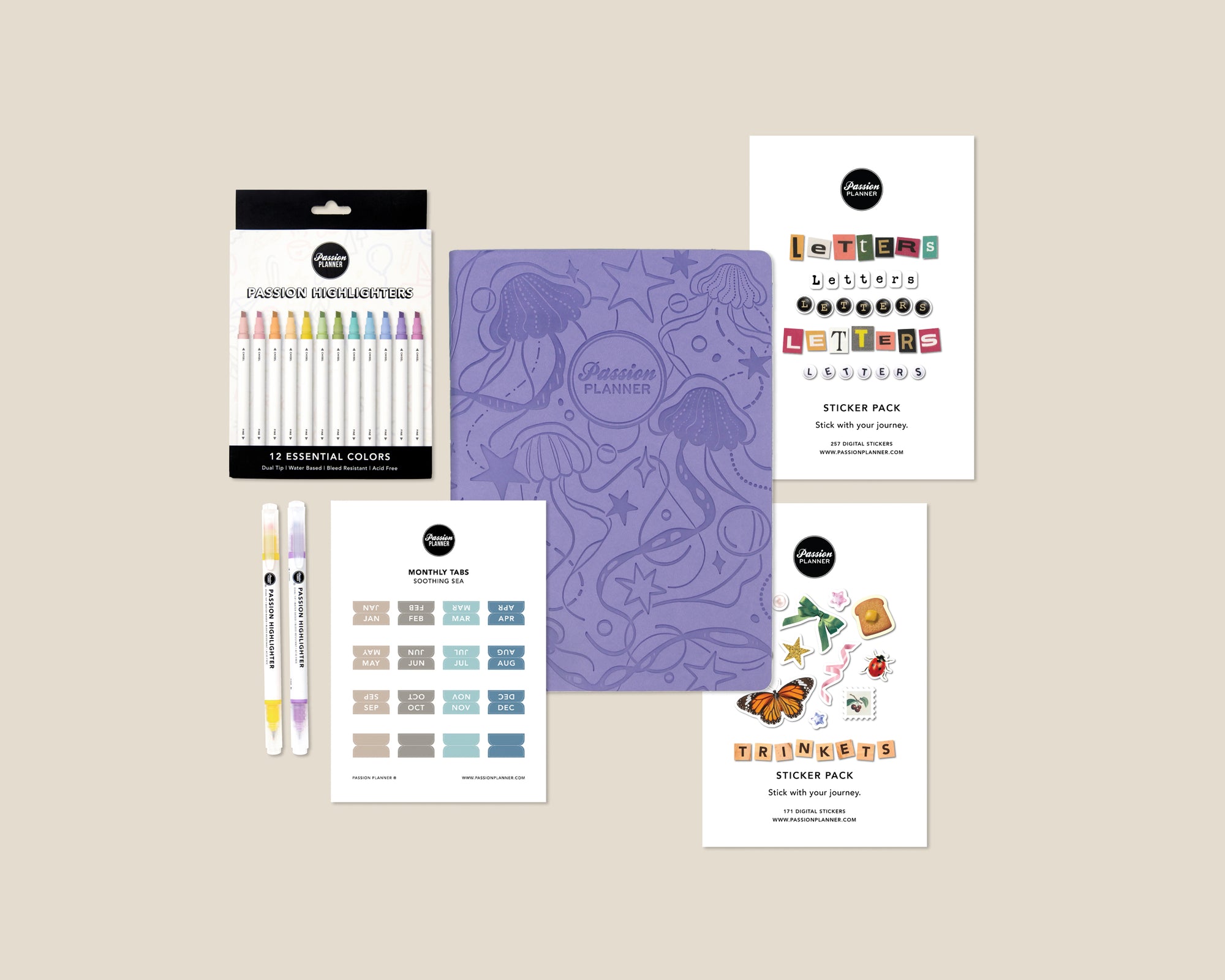 Collection of stationery items including highlighters, a weekly planner, and sticker packs on a beige background.