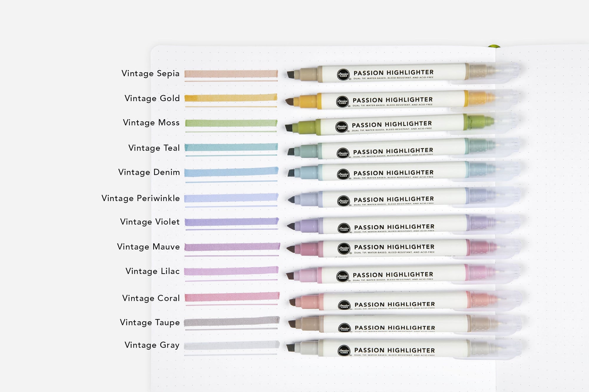 Color swatch of 12 vintage Passion Highlighters in a notebook on a white background