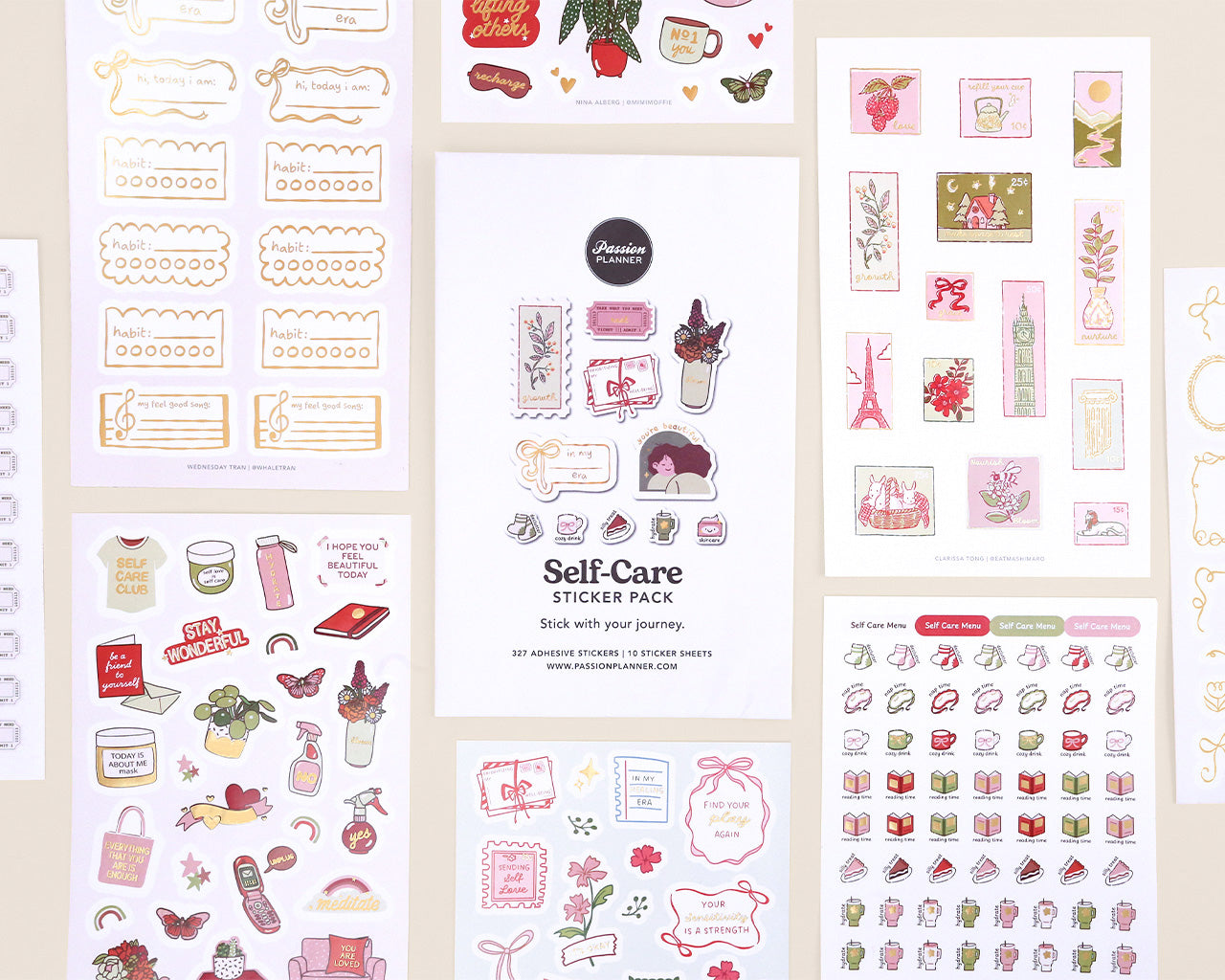 Collection of self-care themed stickers on a cream background