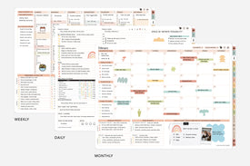 Multifunctional planner with weekly, daily, and monthly schedules on a white background