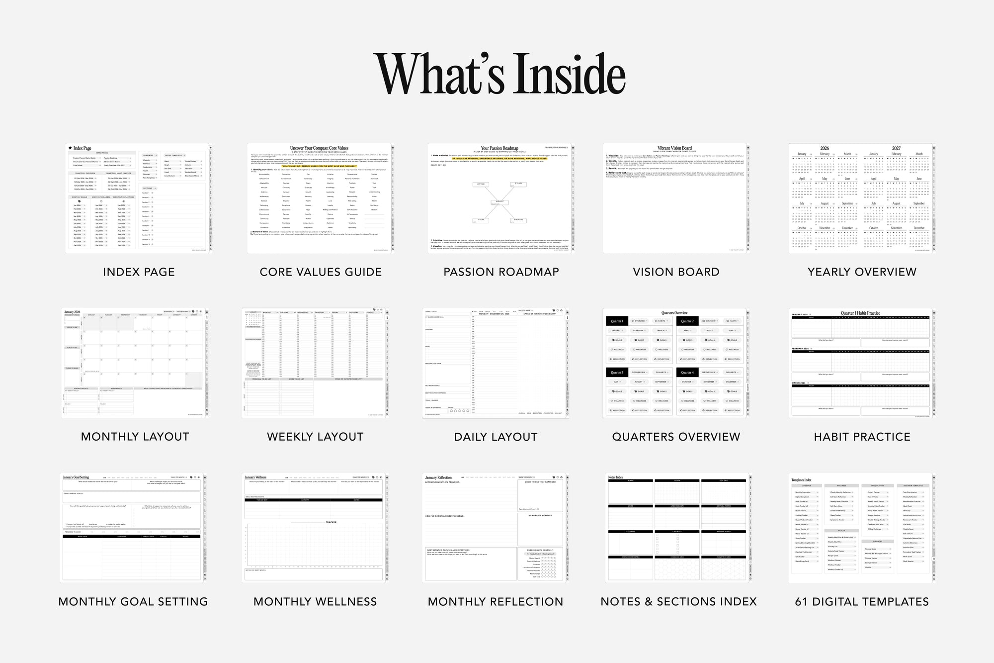 Pages of a digital planner with various templates and sections on a white background.