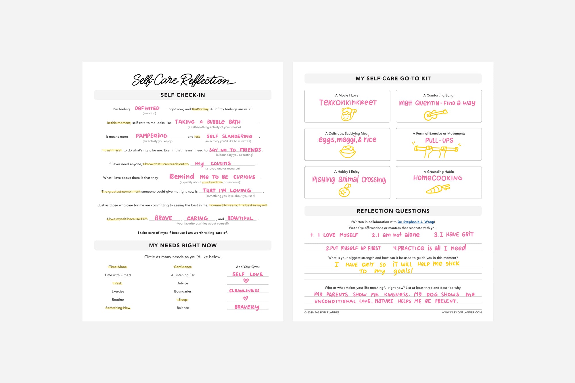Self-Care Reflection - Passion Planner